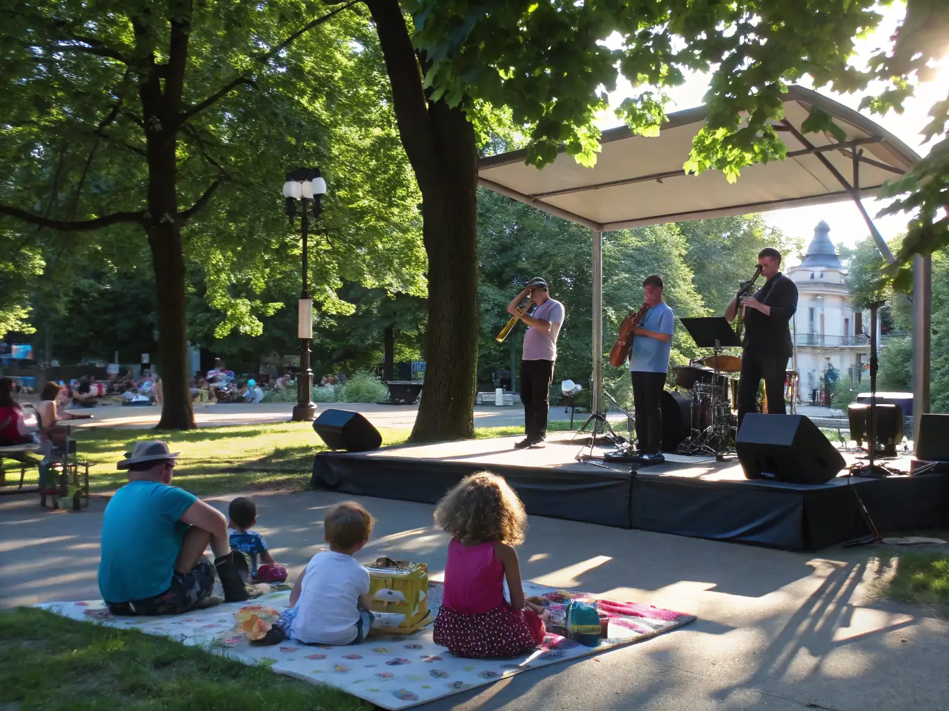 A photograph of a community outreach event where musicians from the association are performing for a local audience in a public space.