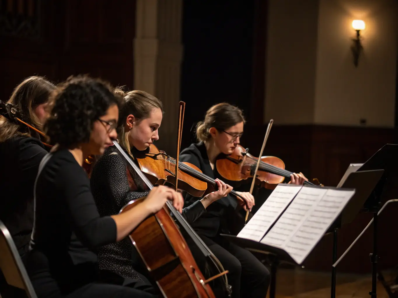 A photograph of a string quartet performing classical music in a grand concert hall, showcasing the elegance and sophistication of the event.