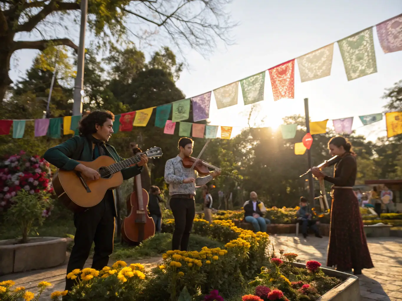A photograph of a folk music band performing outdoors at a festival, with a lively and engaged audience surrounding the stage.