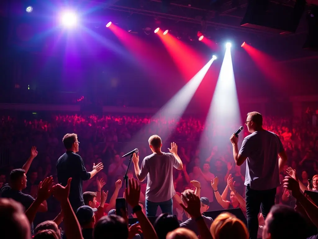 A vibrant image depicting a live concert performance, showcasing musicians on stage with enthusiastic audience members in the background, capturing the energy and excitement of a musical event organized by ASSOCIATION POUR LA PRATIQUE ET L'UTILISATION DES INSTRUMENTS.