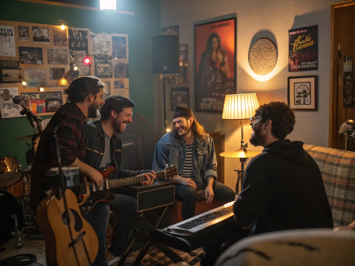 An image showing a group of musicians collaborating in a rehearsal space, working together on a musical piece, reflecting the collaborative spirit and support provided by ASSOCIATION POUR LA PRATIQUE ET L'UTILISATION DES INSTRUMENTS.
